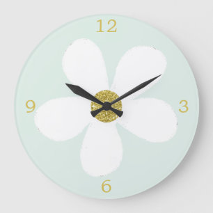 Green White Simple Daisy Gold Große Wanduhr