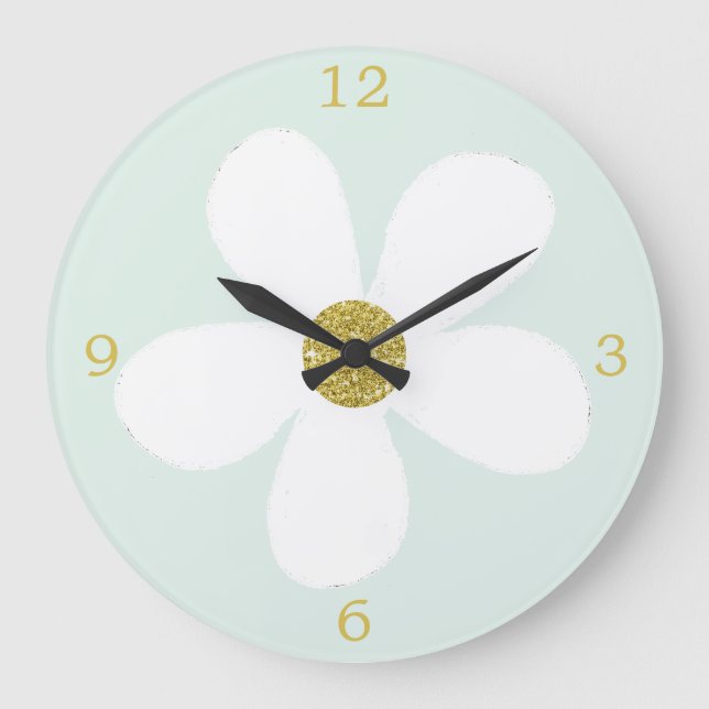 Green White Simple Daisy Gold Große Wanduhr (Vorderseite)