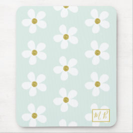 Green White Simple Daisy Gold Monogram Mousepad