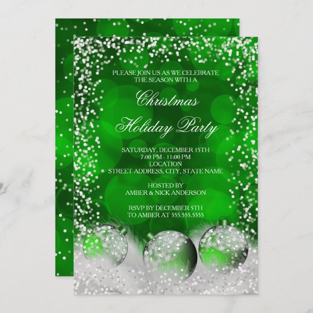 Green White Snow Bauble Weihnachtsfeier Einladung (Vorne/Hinten)