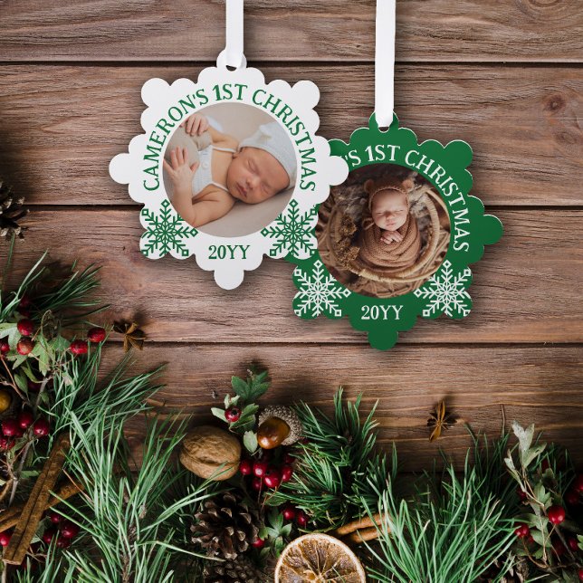 Green White Snowflakes Baby's 1. Weihnachten Ornament Karte (Von Creator hochgeladen)