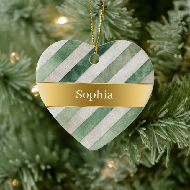 Green White Stripes Gold Ribbon Christmas Keramik Ornament (Baum)