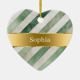 Green White Stripes Gold Ribbon Christmas Keramik Ornament