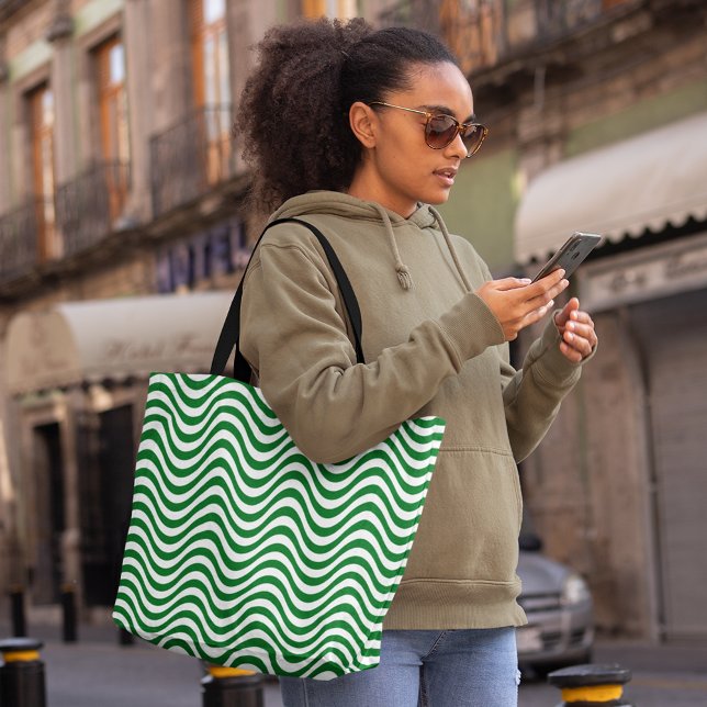 Green & White Stripes Psychedelic Hypnotic (Green & White Wavy Stripes Psychedelic Hypnotic Tote Bag, shopping bag, fashion bag, large tote bag)