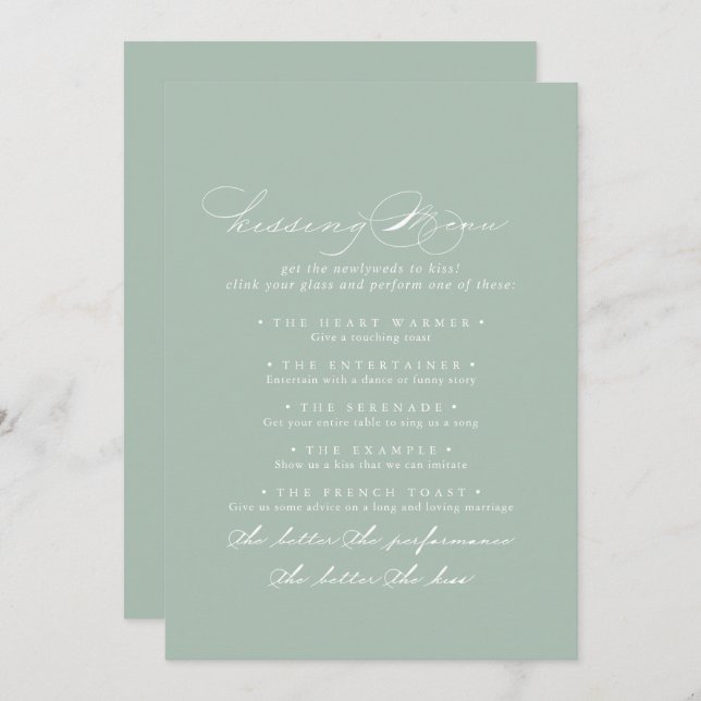 Green White Wedding Kissing Menu Game Card (Vorne/Hinten)