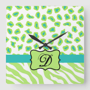 Green White Zebra Leopard Skin Monogram Initial Quadratische Wanduhr