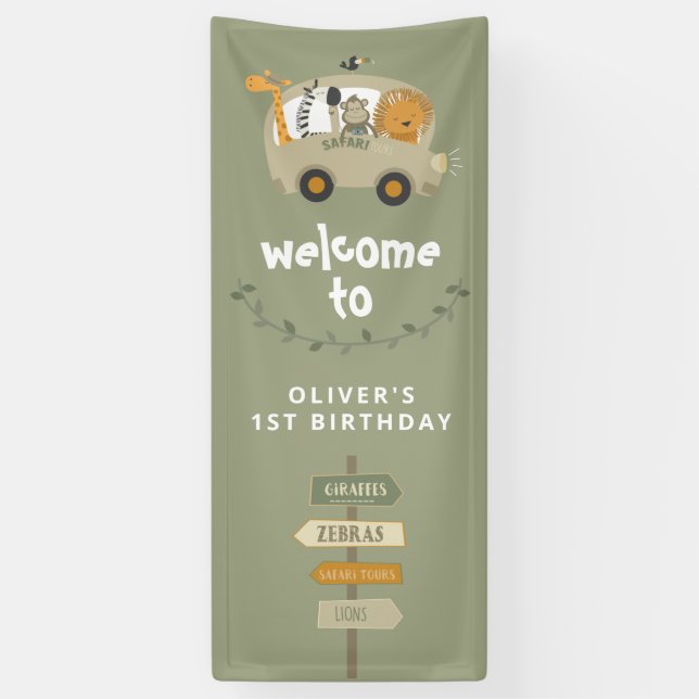Green Wild One Safari Animals Erster Geburtstag Banner (Vertikal)