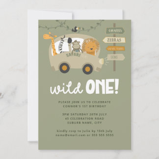 Green Wild One Safari Animals Erster Geburtstag Einladung