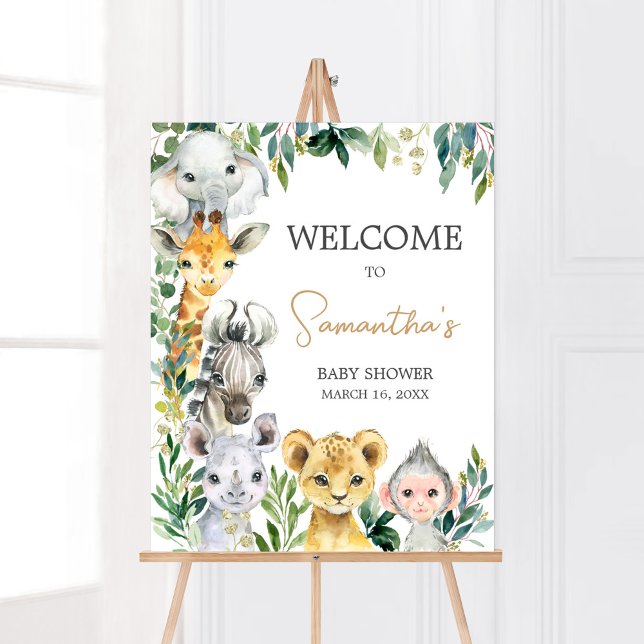 Green Wild One Safari Baby Dusche Willkommen Poster (Safari Baby Shower Welcome Sign)