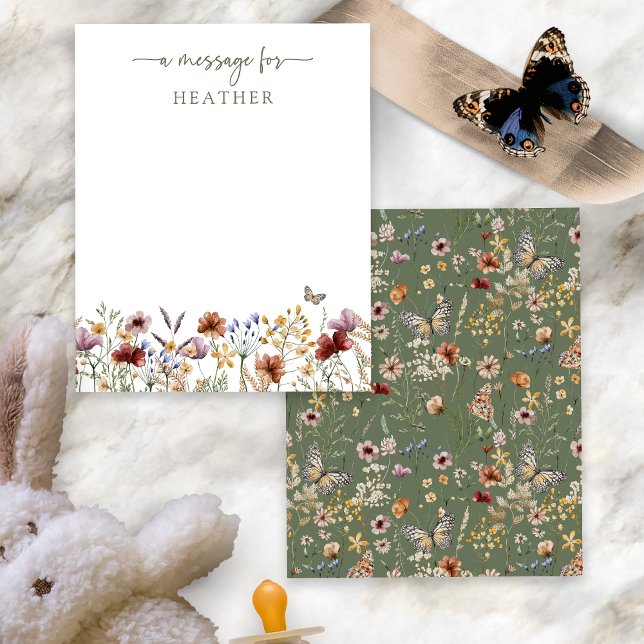 Green Wildblume Message Card (Sage Green Boho Wildflower Message Card with Butterfly by Painted Paperie
)