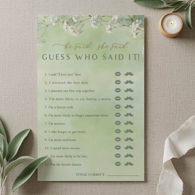 Green Wildflower He Said She Said Game (He Said, She Said Bridal Shower Game Card)