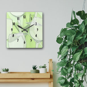 Green Wine Glasses Numbered Wall Clock Quadratische Wanduhr