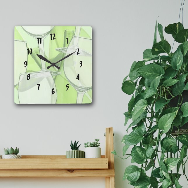 Green Wine Glasses Numbered Wall Clock Quadratische Wanduhr (Von Creator hochgeladen)