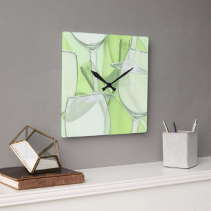 Green Wine Glasses Wall Clock Quadratische Wanduhr