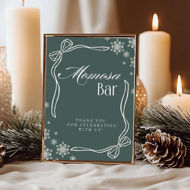 Green Winter Coquette "Momosa" Mimosa Tafelschild Einladung (Green Winter Coquette "Momosa" Mimosa Table Sign)