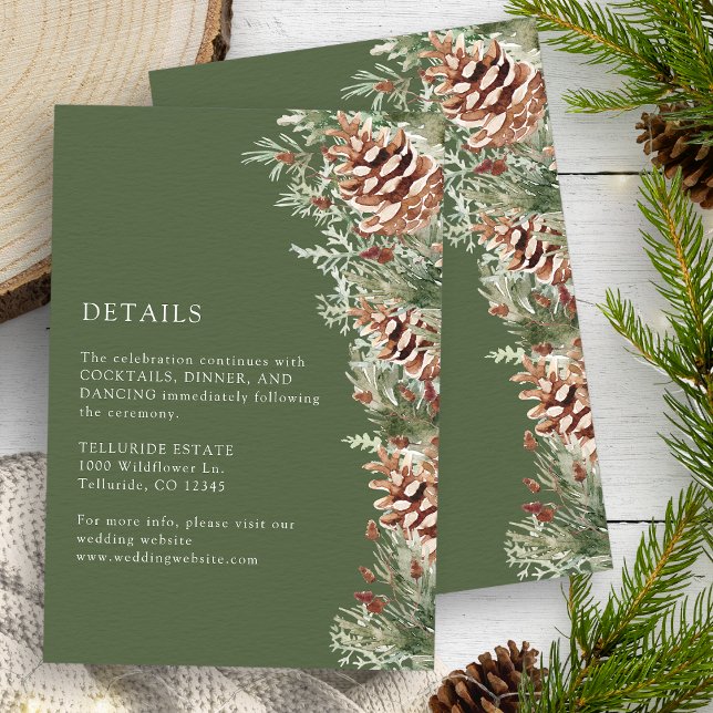 Green Winter Details Card Begleitkarte (Green Winter Watercolor Evergreen Pinecones Details Enclosure Card by Painted Paperie
)