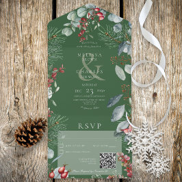Green Winter Pine Berries Eucalyptus QR Code All In One Einladung