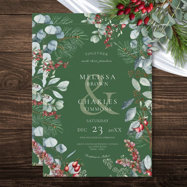 Green Winter Pine Berries Eucalyptus Wedding Einladung (Green Winter Pine Berries Eucalyptus Wedding Invitation)