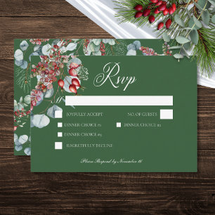 Green Winter Pine Berries Eucalyptus Wedding RSVP Karte