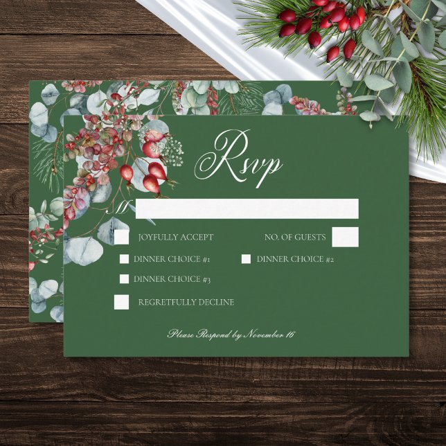 Green Winter Pine Berries Eucalyptus Wedding RSVP Karte (Green Winter Pine Berries Eucalyptus Wedding RSVP Card)