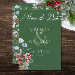 Green Winter Pine Berries Eucalyptus Wedding Save The Date