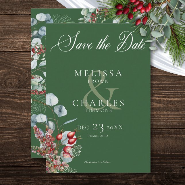 Green Winter Pine Berries Eucalyptus Wedding Save The Date (Green Winter Pine Berries Eucalyptus Wedding Save The Date)