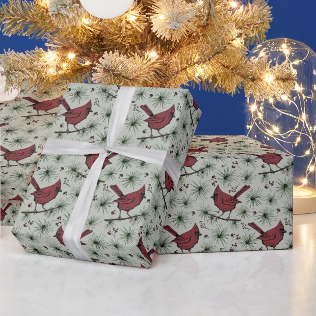 Green Winter Red Kardinals Muster Geschenkpapier (Feiertage)