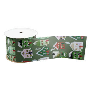 Green Winter Village Houses Christmas Satin Ribbon Satinband
