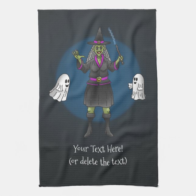 Green Witch and Ghosts Halloween Party Geschirrtuch (Vertikal)