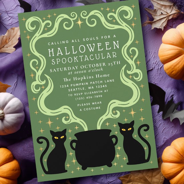 Green Witchy Black Cat Cauldron Halloween Party Einladung (Von Creator hochgeladen)