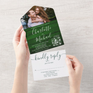 Green Wood String Lights Mason Jars Foto Wedding All In One Einladung