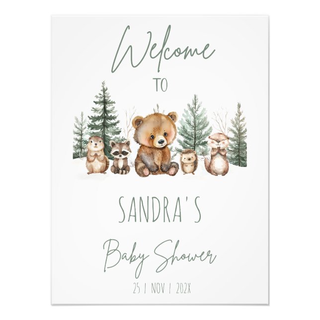 Green Woodland Adventure Baby Shower Welcome Sign Fotodruck (Vorne)
