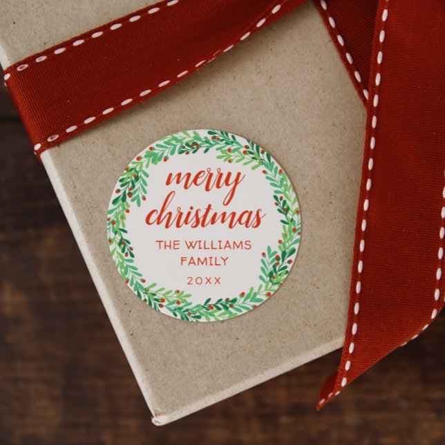 Green Wreath Frohe Weihnachten Runder Aufkleber (Von Creator hochgeladen)