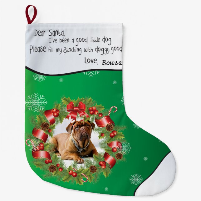 Green Xmas FOTO FRAME für das Foto Ihres Hundes Großer Weihnachtsstrumpf (Vorderseite)