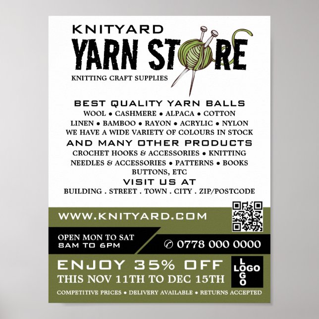 Green Yarn Store Logo, Knitting Store, Yarn Store Poster (Vorne)