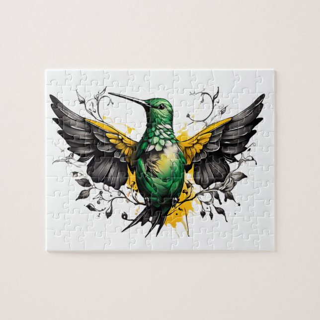 Green & Yellow Hummingbird Tattoo Design auf Weiß Puzzle (Horizontal)