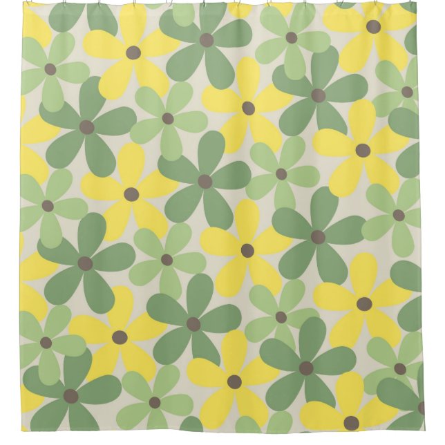 Green Yellow Retro Y2K 70er Blume Muster Duschvorhang (Vorderseite)