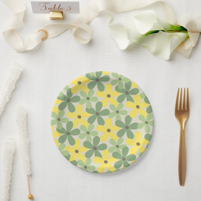 Green Yellow Retro Y2K 70er Blume Muster Pappteller (Hochzeit)