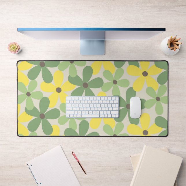 Green Yellow Retro Y2K 70er Blume Muster Schreibtischunterlage (Büro 1)