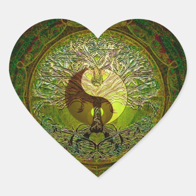 Green Yin Yang Mandala mit Baum des Lebens Herz-Aufkleber (Vorderseite)