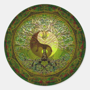 Green Yin Yang Mandala mit Baum des Lebens Runder Aufkleber