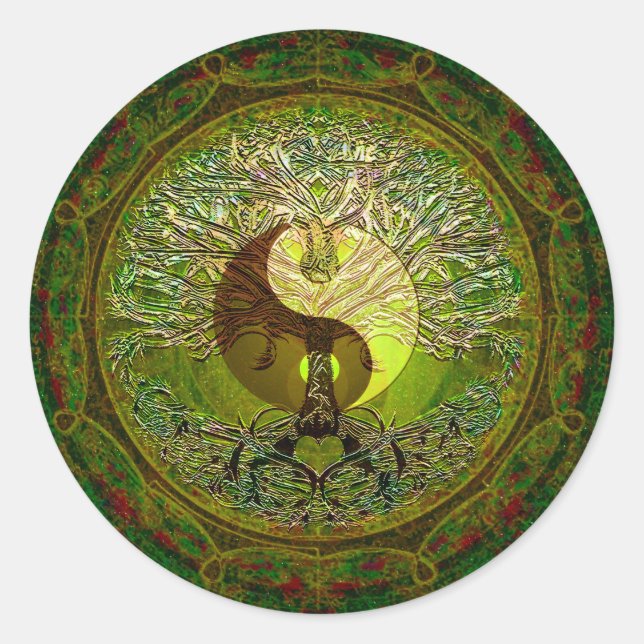 Green Yin Yang Mandala mit Baum des Lebens Runder Aufkleber (Vorderseite)