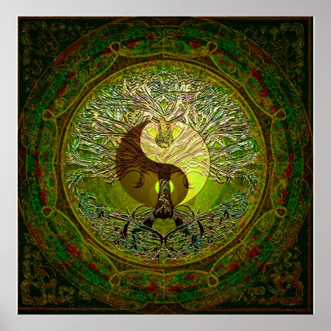 Green Yin Yang mit Baum des Lebens Poster (Vorne)