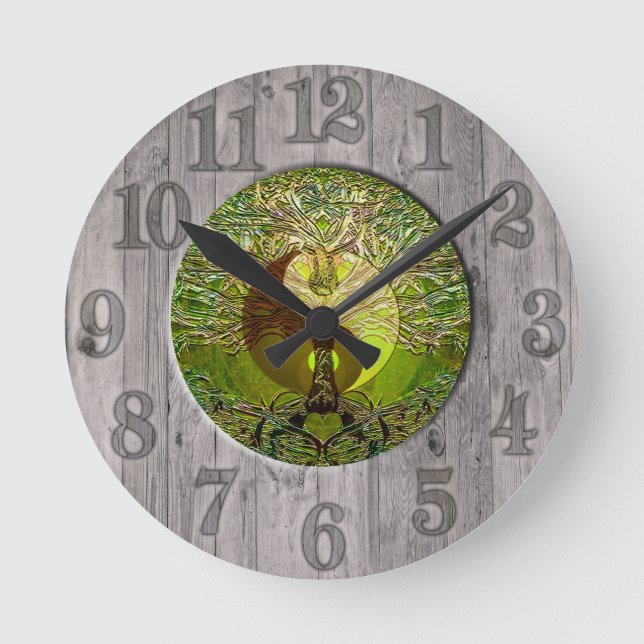 Green Yin Yang mit Holzrahmen Runde Wanduhr (Vorderseite)