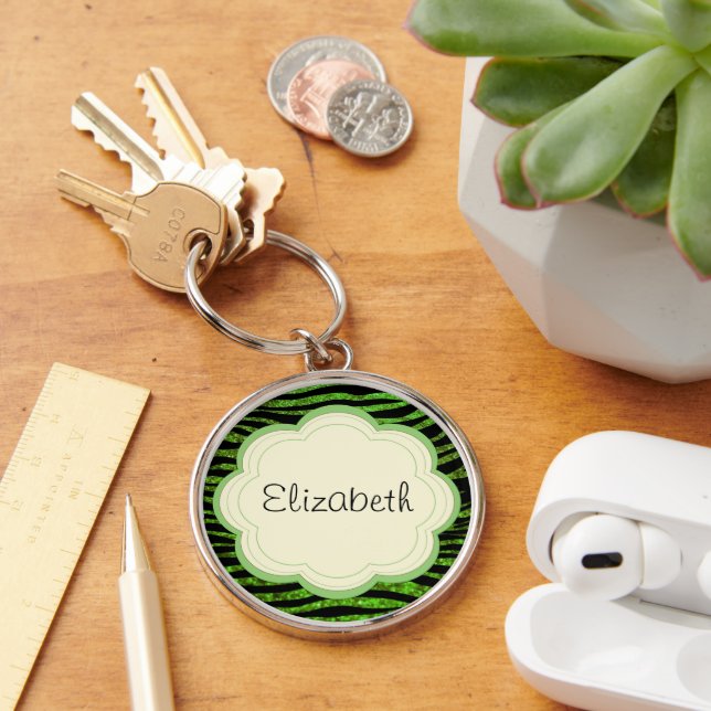 Green Zebra, Glitzer Zebra, Zebra Print, Ihr Name Schlüsselanhänger (Schreibtisch)