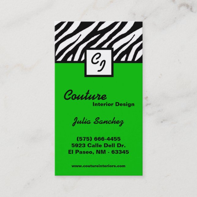 Green Zebra Print Custom Business Card Visitenkarte (Vorderseite)