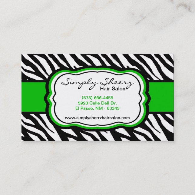 Green Zebra Print Hair Salon Business Card Visitenkarte (Vorderseite)