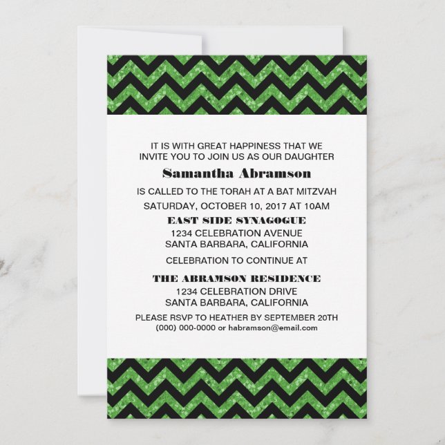 Green Zickzack Glitzer Bat Mitzvah Einladung (Vorderseite)