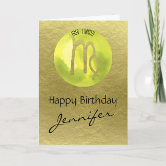 Green Zodiac Sign Virgo auf Gold Hintergrund Feiertagskarte