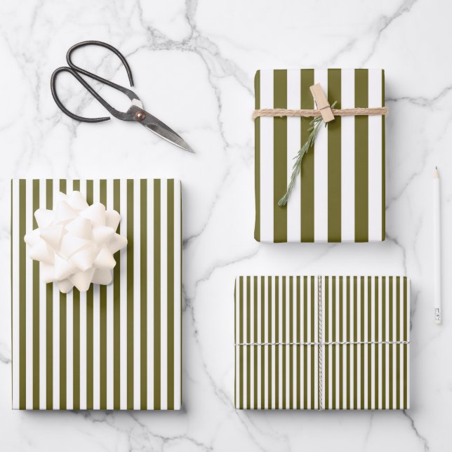 Greenbraune und weiße Streifen Geschenkpapier Set (Vorderseite)